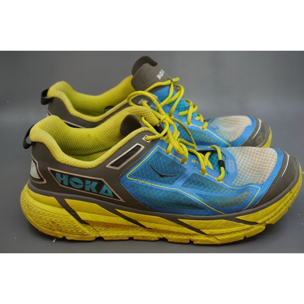 Hoka One One Clifton 1 Men Size 12.5 Yellow Blue Cushion Road Running Shoes OG